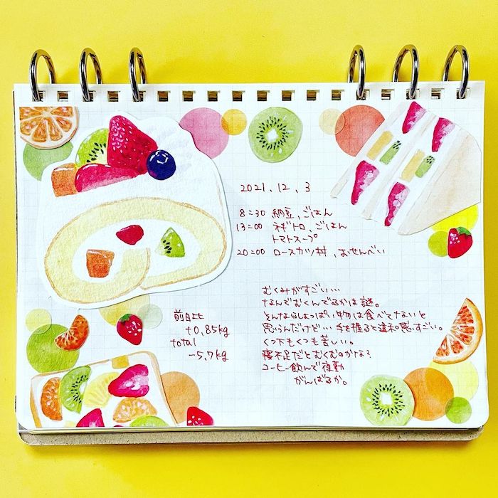ロールケーキやフルーツサンドが描かれた手帳のページ
