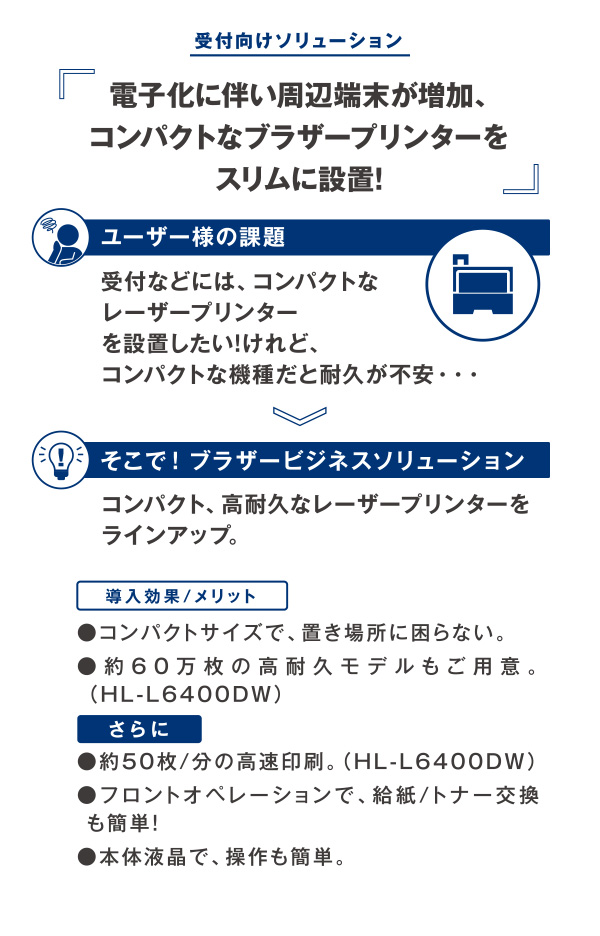 受付向けソリューション 電子化に伴い周辺端末が増加、コンパクトなブラザープリンターをスリムに設置!