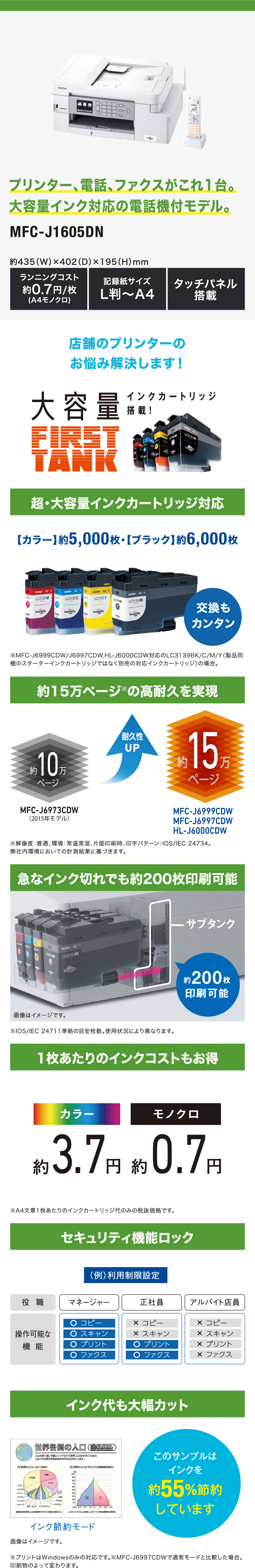 プリンター、電話、ファクスがこれ1台。大容量インク対応の電話機付モデル。MFC-J1605DN