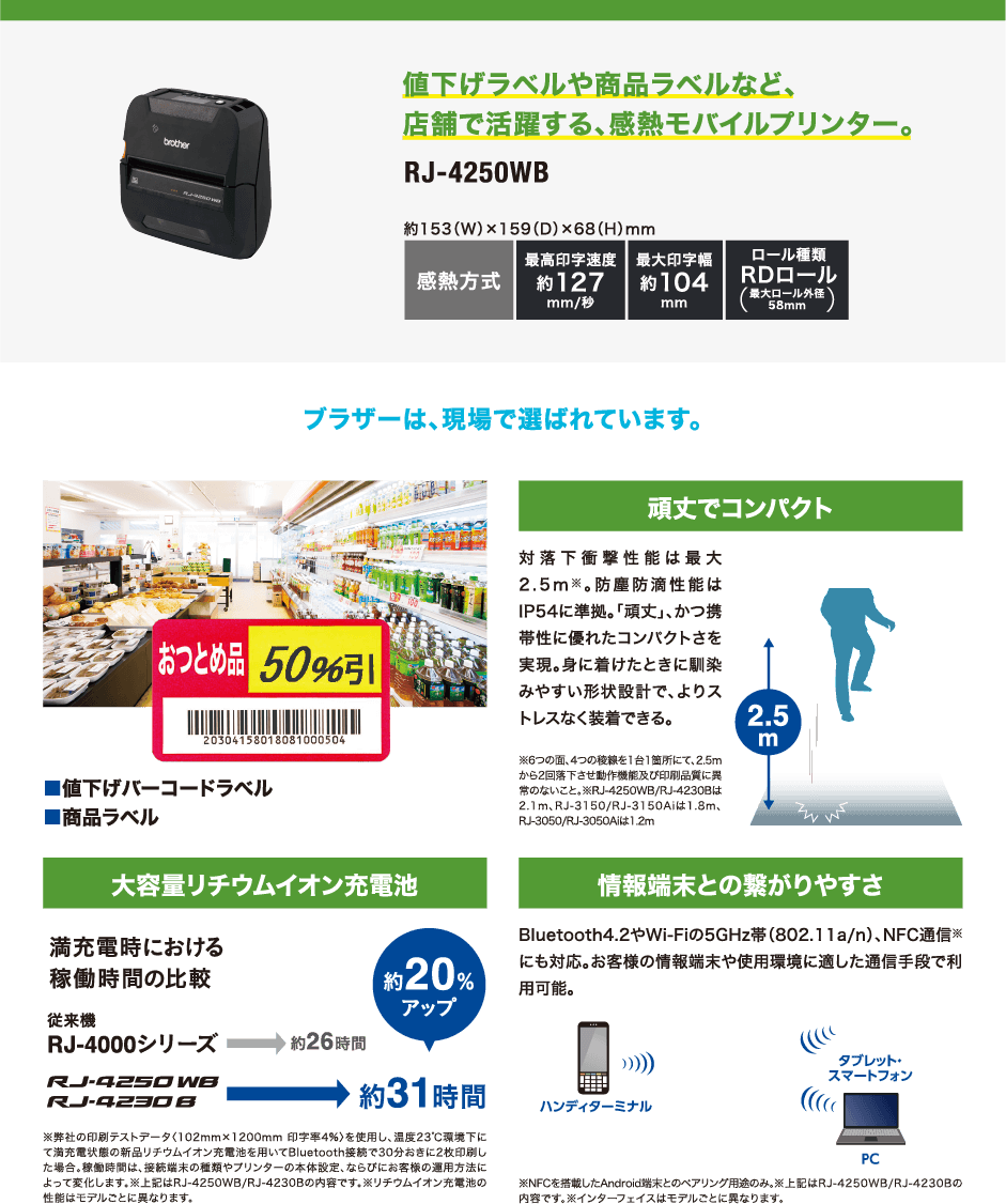 値下げラベルや商品ラベルなど、店舗で活躍する、感熱モバイルプリンター。RJ-4250WB