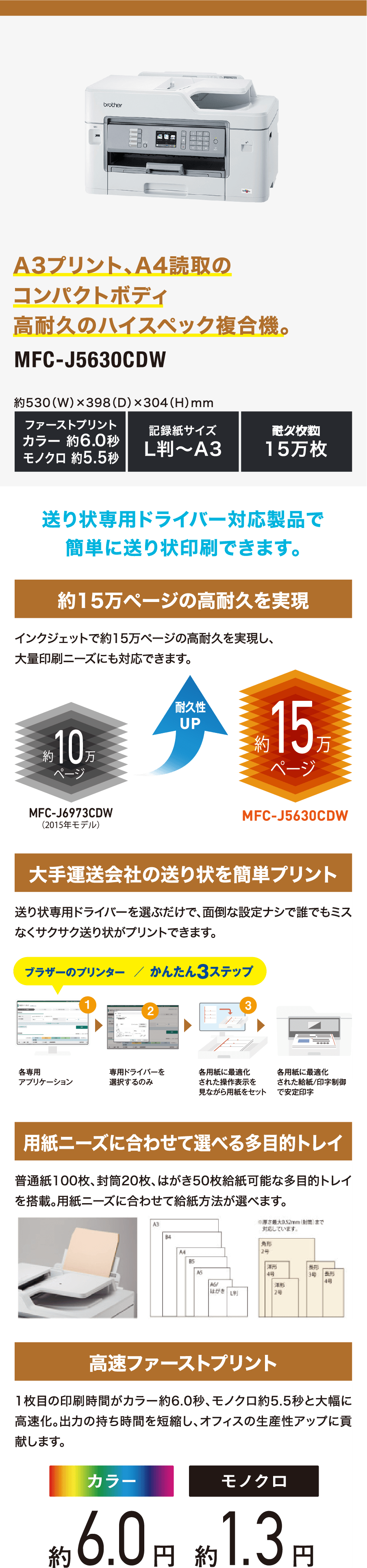 A3プリント、A4読取のコンパクトボディ高耐久のハイスペック複合機。MFC-J5630CDW