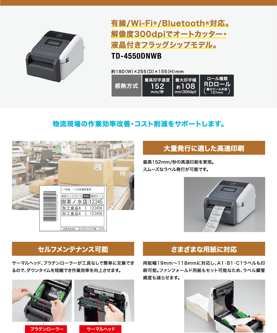 有線/Wi-Fi®/Bluetooth®対応。解像度300dpiでオートカッター・液晶付きフラッグシップモデル。TD-4550DNWB