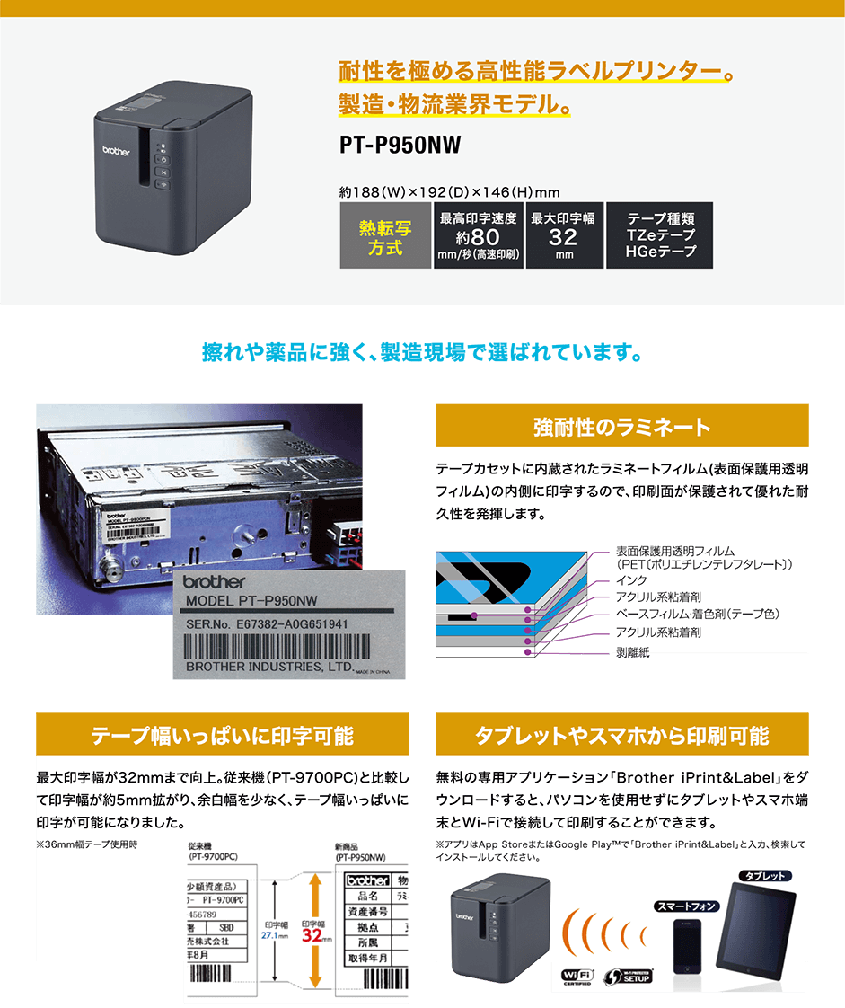 耐性を極めるラミネートラベルプリンター。製造・物流業界モデル。PT-P950NW