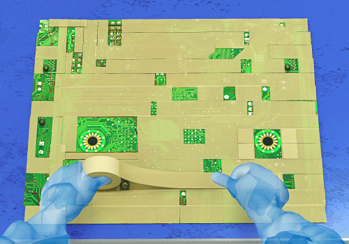 基板にマスキングテープを細かく切り貼りする作業には熟練者が必要でした。