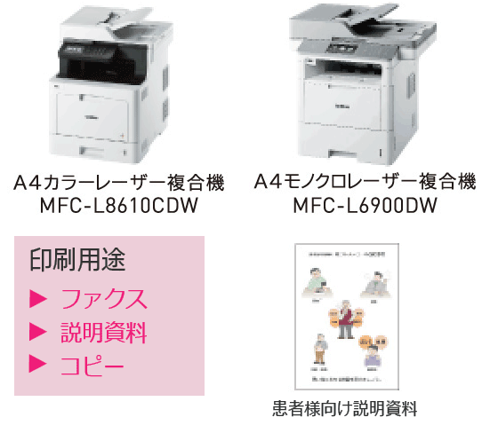 A4カラーレーザー複合機MFC-L8610CDW　A4モノクロレーザー複合機MFC-L6900DW　患者様向け説明資料　印刷用途　・ファクス　・說明資料　・コピー