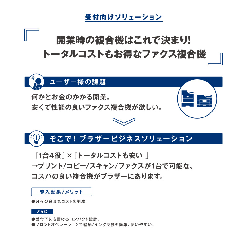 受付向けソリューション 開業時の複合機はこれで決まり!トータルコストもお得なファクス複合機