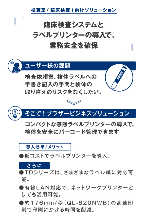 検査室(臨床検査)向けソリューション 臨床検査システムとラベルプリンターの導入で、業務安全を確保