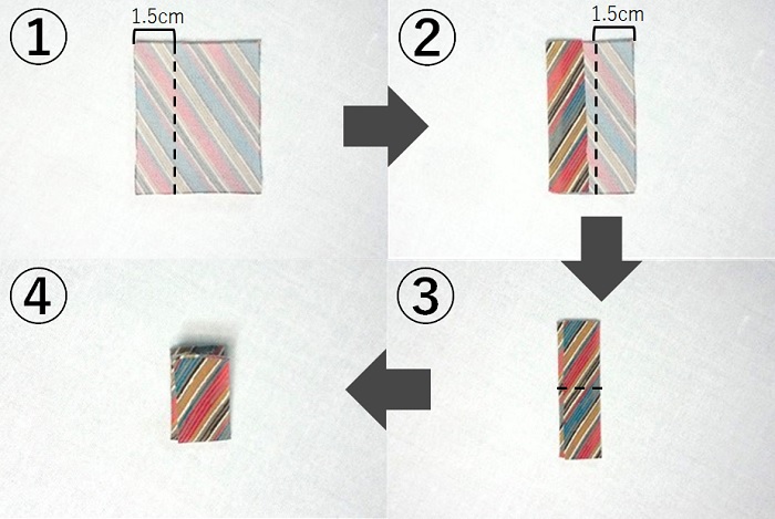 【ミシン初心者におすすめ】ネクタイ⇒蝶ネクタイのリメイク手順-中心布の折り方の説明写真
