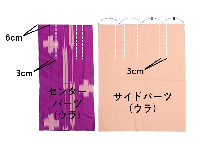 【ミシン初心者におすすめ】着物⇒スカートのリメイク手順-タックの印を付ける位置を記した図