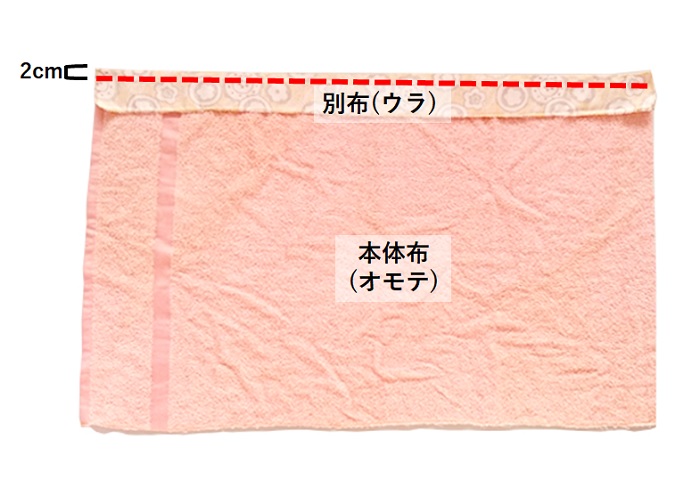 【ミシン初心者におすすめ】バスタオル→枕カバーのリメイク手順-本体布と別布の長辺を中表に合わせた状態の写真