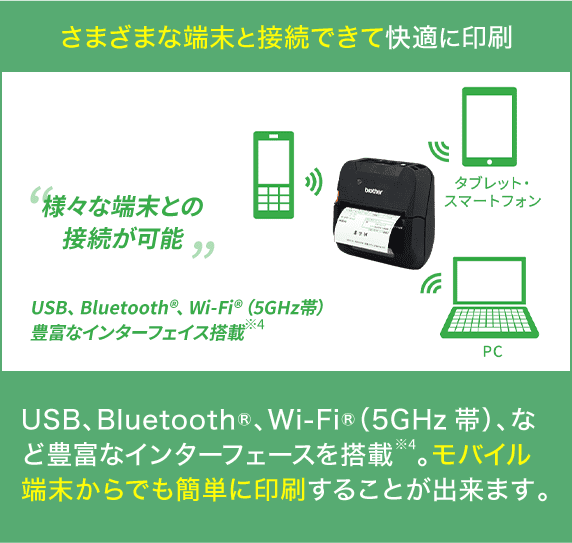 さまざまな端末と接続できて快適に印刷　USB、Bluetooth®、Wi-Fi®（5GHz帯）、など豊富なインターフェースを搭載※4。モバイル端末からでも簡単に印刷