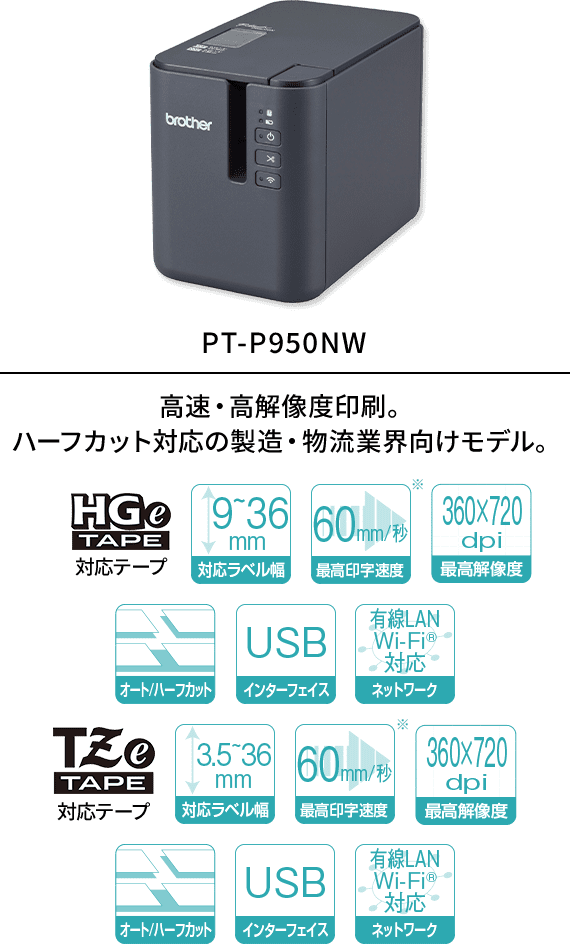 PT-P950NWラベルプリンター黒 高速・高解像度印刷。ハーフカット対応の 製造・物流業界向けモデル。 