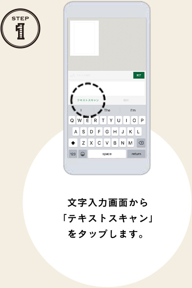STEP1 文字入力画面から「テキストスキャン」をタップします。