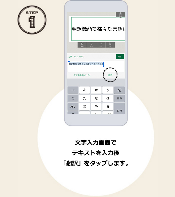 STEP1 文字入力画面でテキストを入力後「翻訳」をタップします。