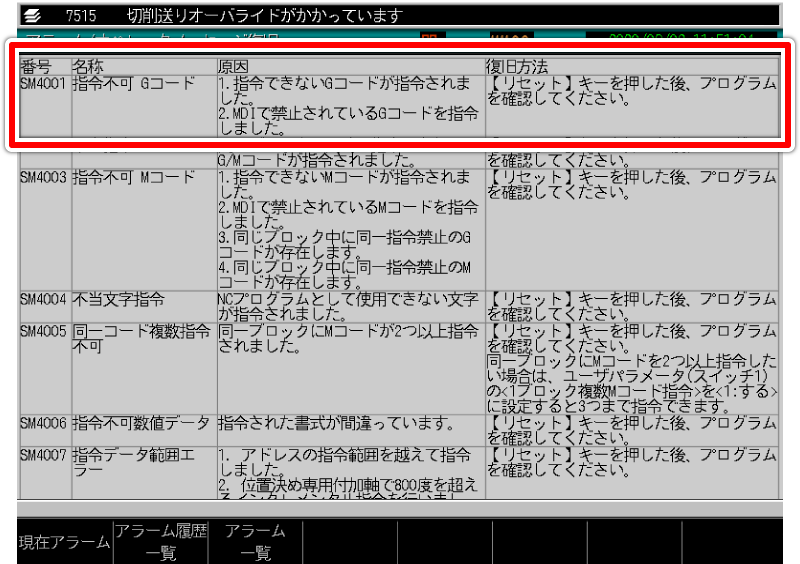 アラーム／オペレータメッセージ復旧 画面