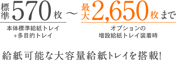 標準570枚（本体標準給紙トレイ+多目的トレイ）〜最大2,650枚まで（オプションの増設給紙トレイ装着時）　給紙可能な大容量給紙トレイを搭載！