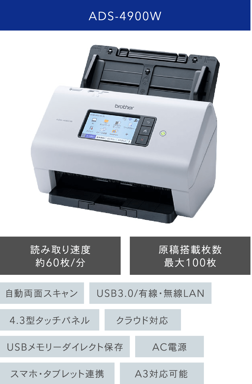 ADS-4900W 読み取り速度約60枚/分 原稿搭載枚数最大100枚