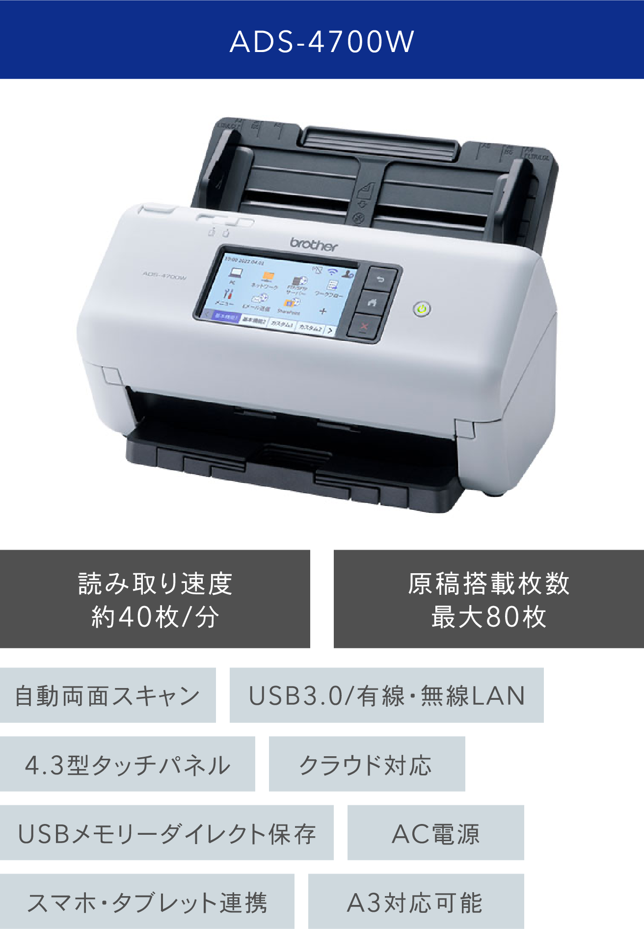 ADS-4700W 読み取り速度約40枚/分 原稿搭載枚数最大80枚