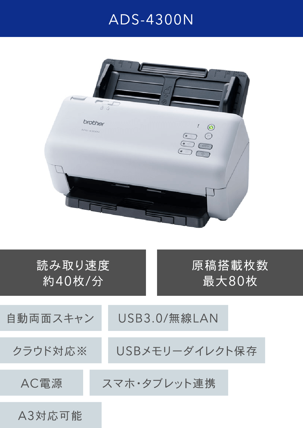 ADS-4300N 読み取り速度約40枚/分 原稿搭載枚数最大80枚