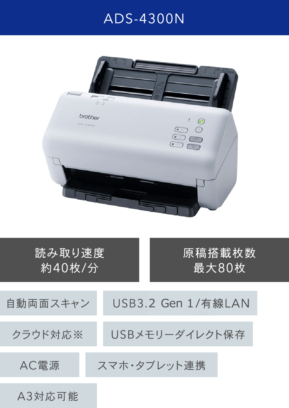 ADS-4300N 読み取り速度約40枚/分 原稿搭載枚数最大80枚