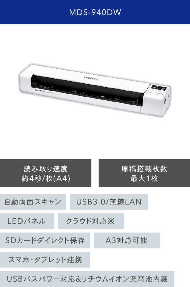 MDS-940DW 読み取り速度 約4秒/枚(A4) 原稿搭載枚数最大1枚