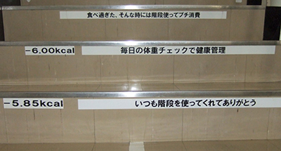 工場の階段に表示している消費カロリーとメッセージ
