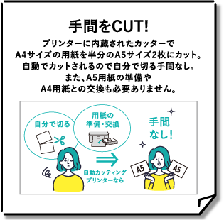 【手間をCUT!】プリンターに内蔵されたカッターでA4サイズの用紙を半分のA5サイズ2枚にカット。自動でカットされるので自分で切る手間なし。また、A5用紙の準備やA4用紙との交換も必要ありません。