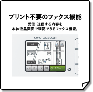 プリント不要のファクス機能 受信・送信する内容を本体液晶画面で確認できるファクス機能。